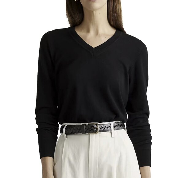 Quince Lightweight Organic Cotton Cashmere V-Neck Ribbed Sweater Black Sz S NWOT - Picture 1 of 5